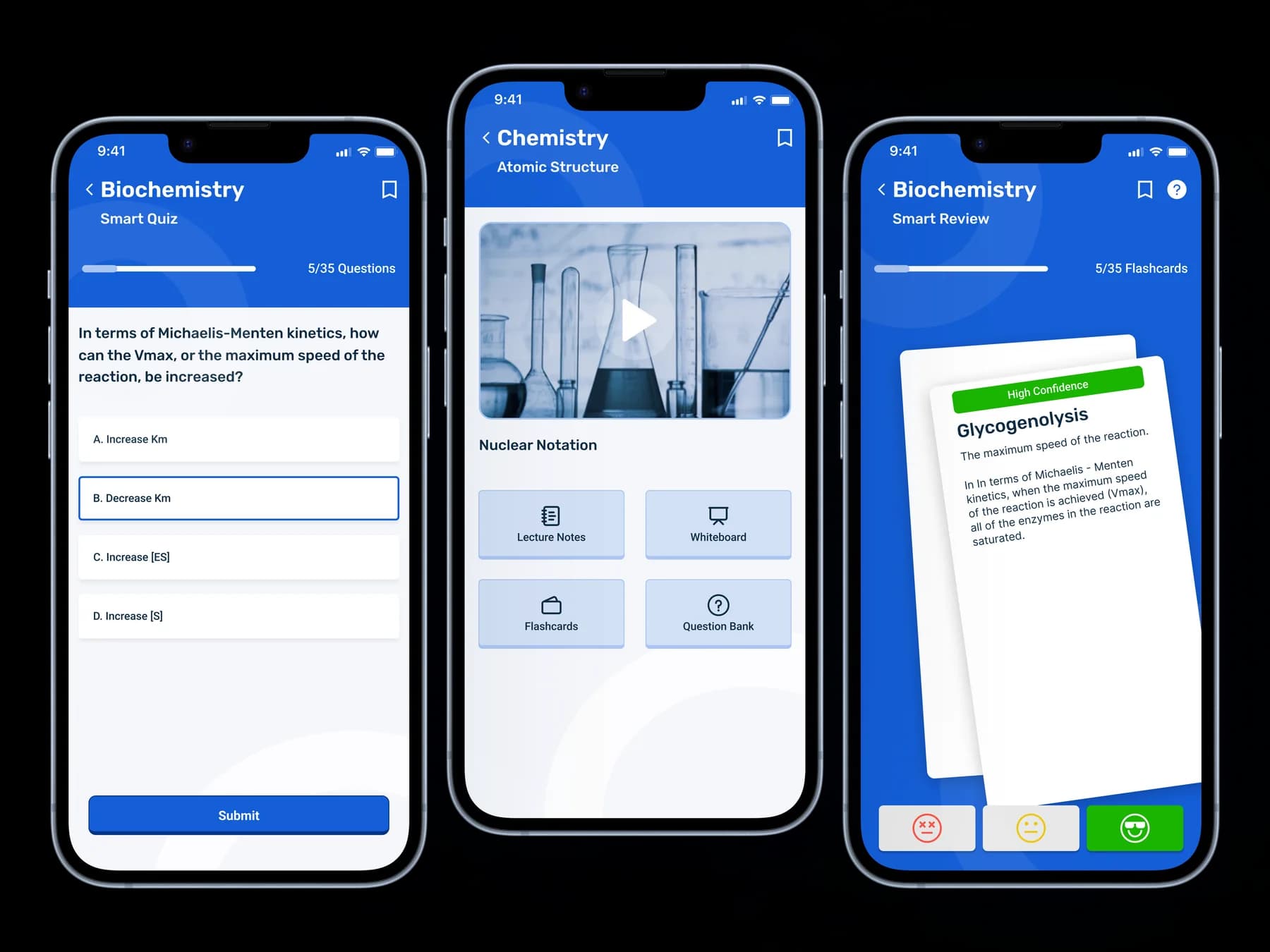 MCAT Prep question bank, flashcards, and video tutorial screens